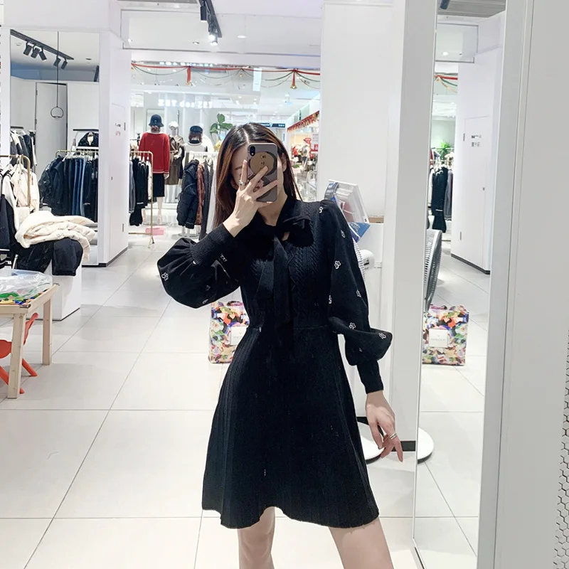 Dresses Women Spring/Autumn Fashion New Elegant Splicing Solid Color Long Sleeve Dress Bow-knot Black Woman Dress