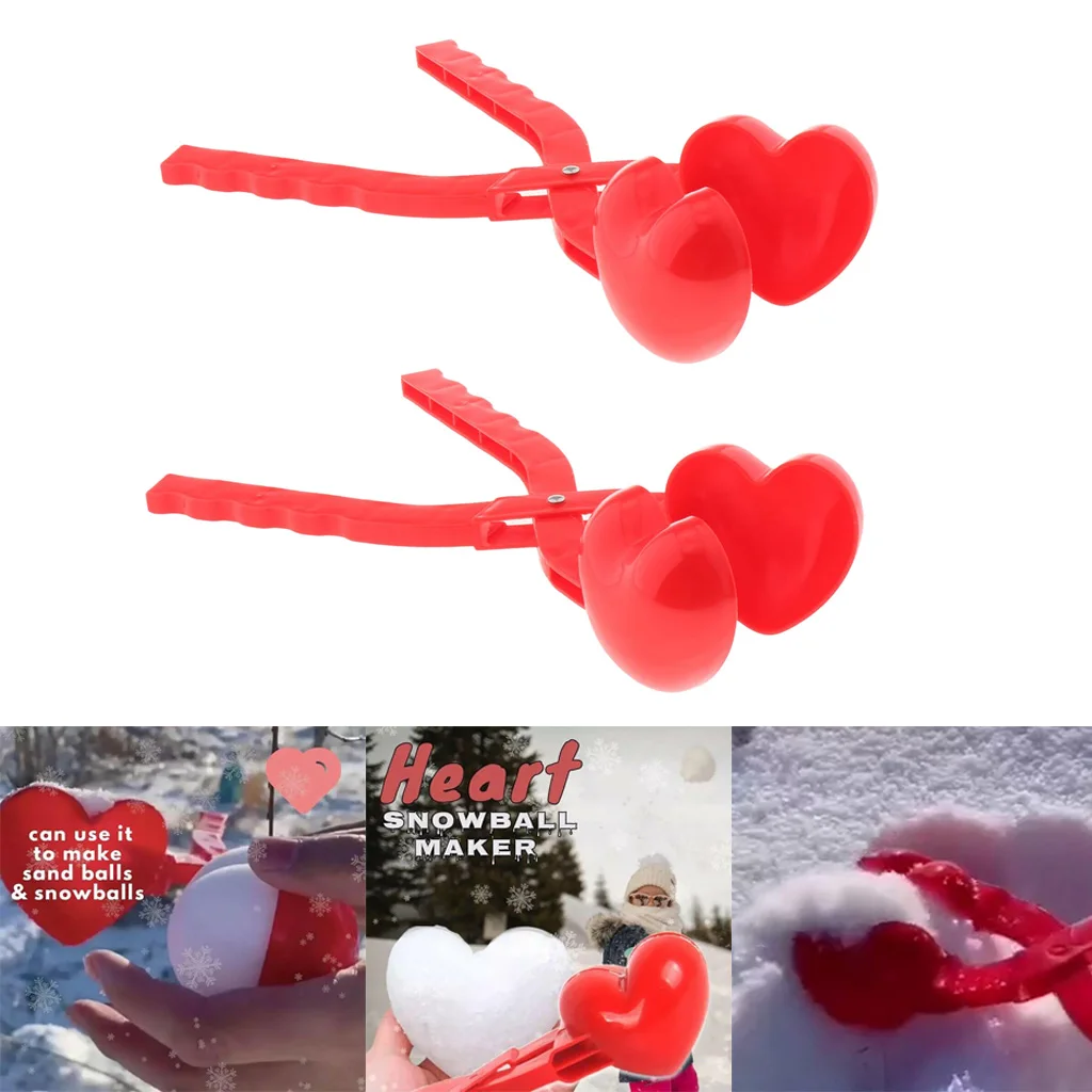 2pcs Herat Shape Snowball Clamp Clip with Handle Plastic Snowball Maker Clip Children Outdoor Winter Snow Sand Ball Mold Tools