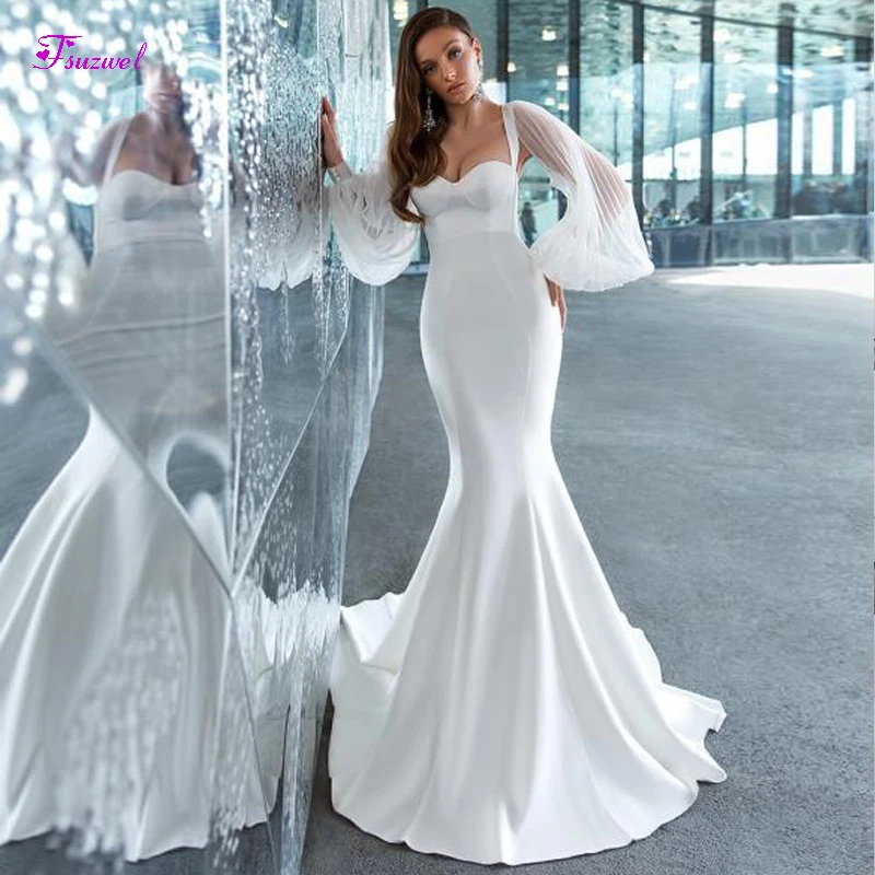 

Fsuzwel Romantic Sweetheart Neck Backless Mermaid Wedding Dress 2020 Elegant Long Sleeve Satin Court Train Bridal Gown Plus Size