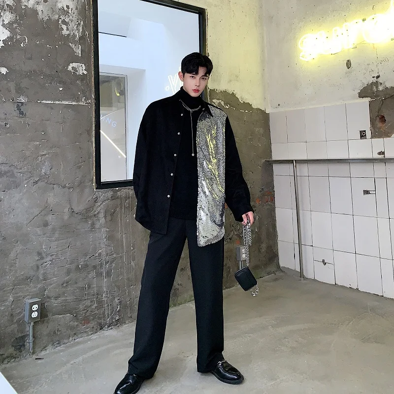 Мужская Уличная Хип-хоп панк рубашка в готическом стиле пальто куртка мужская замшевая ткань с блестками с длинным рукавом Свободная Повседневная винтажная рубашка
