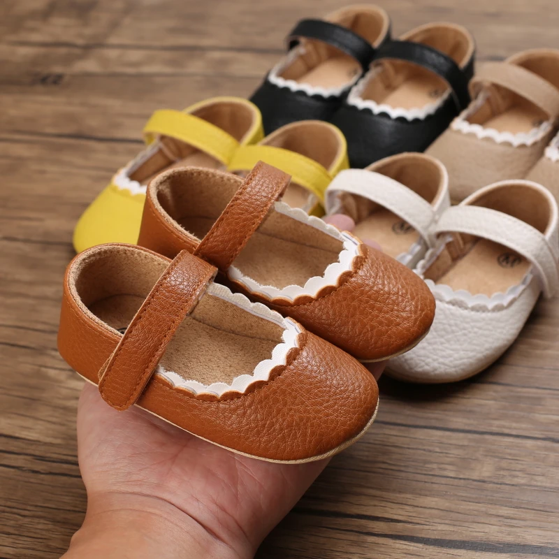 Infant Newborn Baby Girls Princess Non-Slip Floral Border Shoes Toddler Baby Soft PU Leather Prewalker Shoes Solid First Walkers