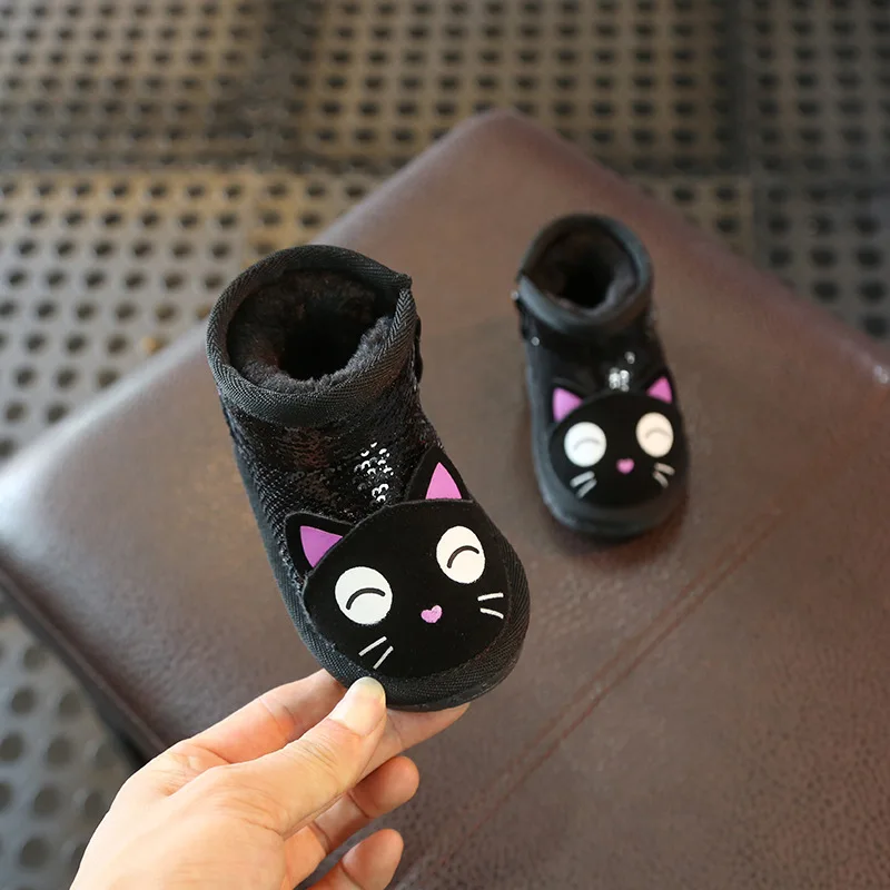 Детские теплые ботинки для девочек; бархатные ботинки; коллекция года; детская обувь; сезон осень-зима; хлопковая обувь для малышей - Цвет: Черный