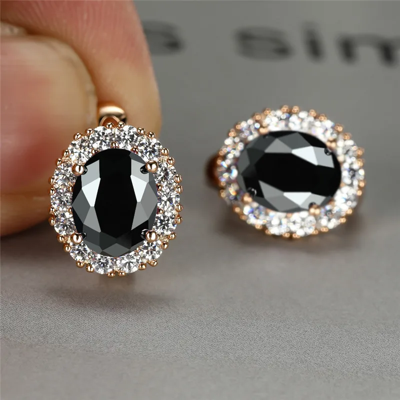 Female Fashion Multicolor Crystal Earrings Rainbow Zircon Oval Stone Hoop Earrings Rose Gold Color Engagement Earrings For Women