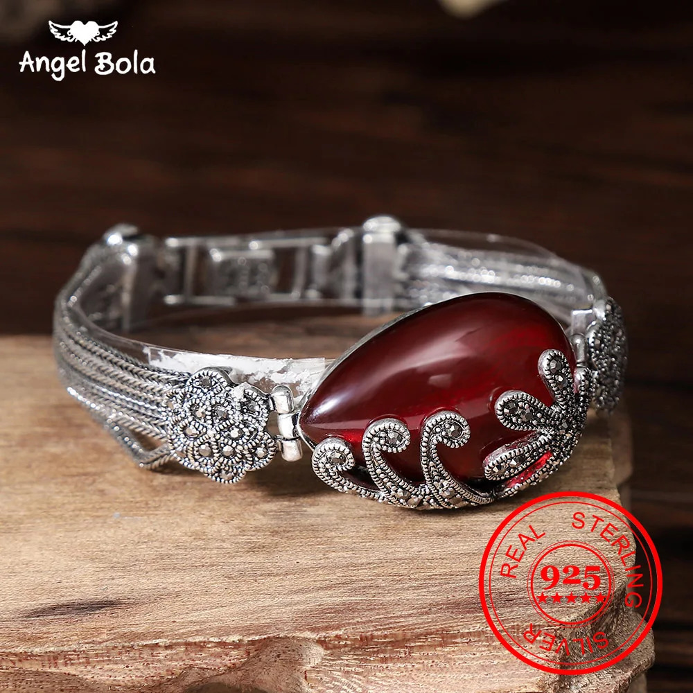 925 пробы серебряные женские браслеты с красным гранатом этнические Boho эластичные браслеты