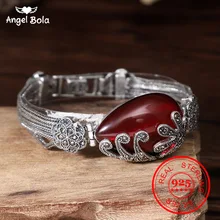 925 пробы серебряные женские браслеты с красным гранатом этнические Boho эластичные браслеты