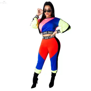 

Womens Tracksuit Set Contrast Color Letter Patchwork 2 Piece Set Women Full Sleeve O Neck Short Top And Pencil Pants Streetwear