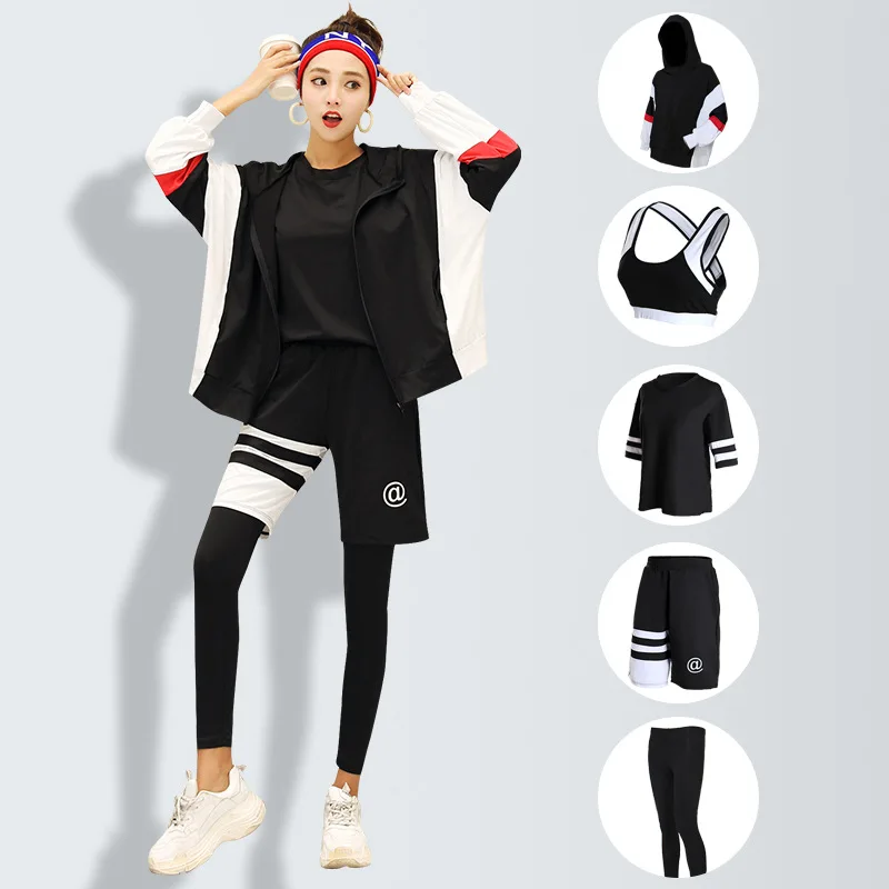 

2019 South Korea Paragraph Sports WOMEN'S Suit Loose-Fit Batwing Shirt Short Sleeve Four-piece Set Fitness Suit Large Size Yoga