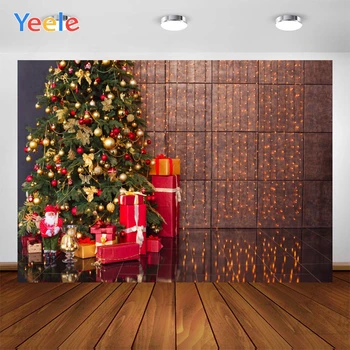 

Yeele Merry Christmas Brown Wall With Lights Red Gifts Tree Background Photophone Photography Backdrop for Decor Customized Size
