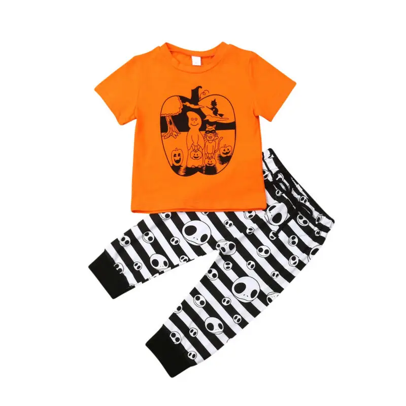 2019 Brand Newborn Baby Boy Girl Halloween Pumpkin Top T-shirt Stripe Pants Clothes Sets Casual Costume Outfits