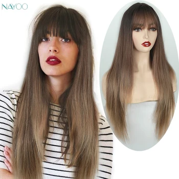

Long Dark Brown Wig with Bangs Dark Root 28 inches Synthetic Straight Ombre Color Blonde Hair Wigs for Women High Heat Resistant