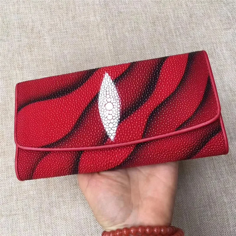 

Authentic Exotic Stingray Skin Female Long Trifold Wallet Coin Case Genuine Leather Women Large Red Clutch Purse Lady Money Bag