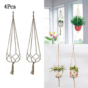 

4 Pcs Hemp Rope Flower Pot Hanging Balcony Garden Plant Home Wall Decor Jute