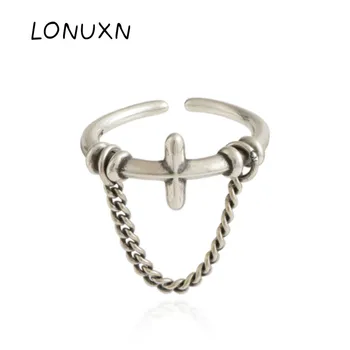 

High Quality 925 Sterling Silver Finger Ring Fashion Retro Old Twist Tassel Cross Chain Open Adjustable Rings Men Women Jewelry