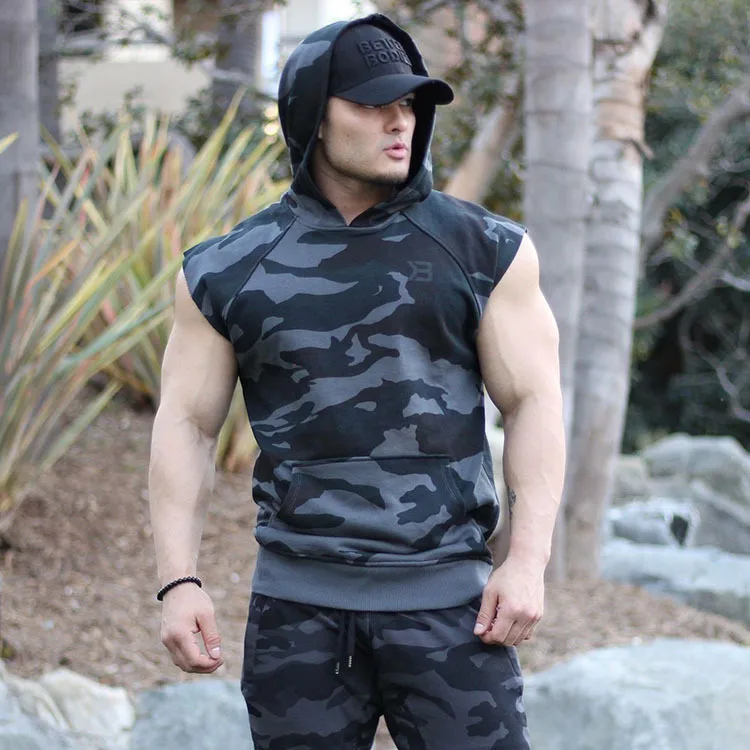 

Muscle Brother Summer New Style Men Knitted Sleeveless Vest Running Training Hooded Fitness Waistcoat