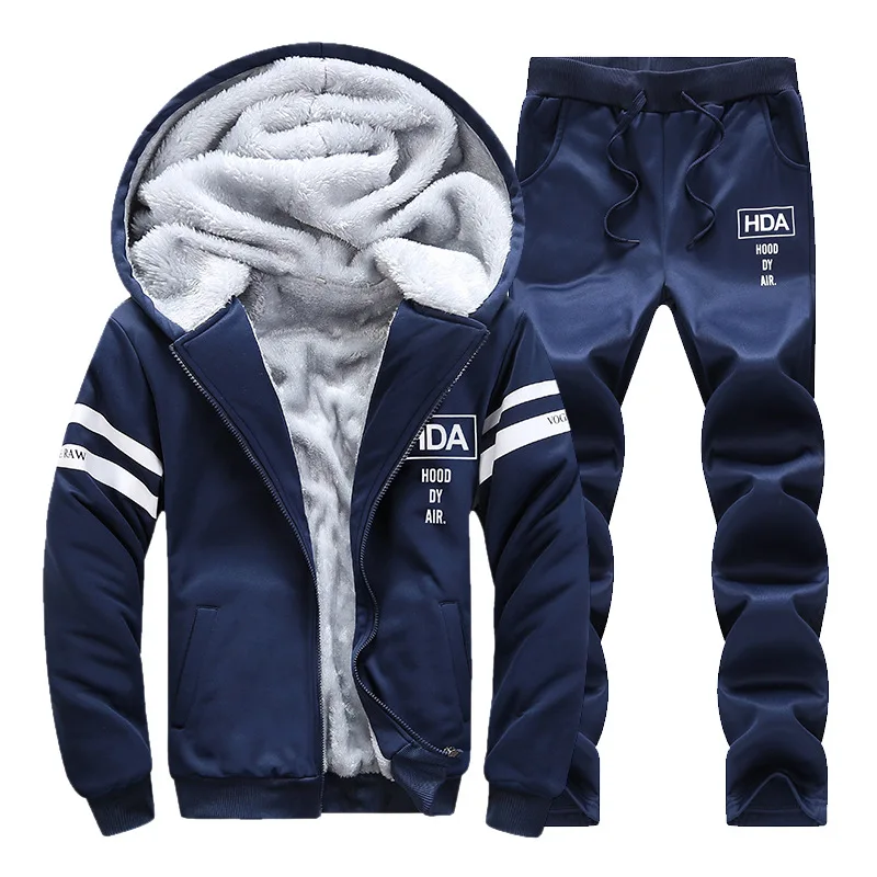 Зимние спортивные костюмы для мужчин; флисовые толстовки; спортивная одежда; повседневные теплые толстовки с капюшоном; комплекты из двух предметов с принтом; толстая куртка+ брюки; 4XL - Цвет: Dark Blue EM074