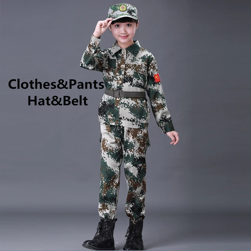 Green set Hat Belt Детская армейская Военная униформа, одежда для солдат для мальчиков, Детская тренировочная камуфляжная длинная куртка+ штаны+ шляпа+ пояс, комплект армейской одежды - Цвет: Green set Hat Belt