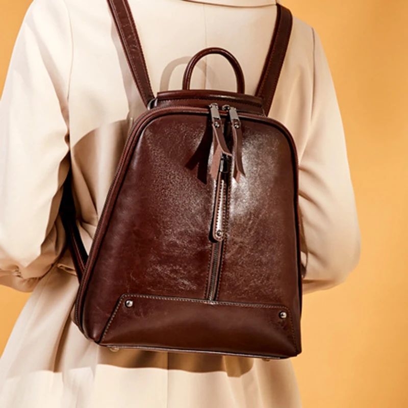 Женский подлинный кожаный рюкзак для путешествий, сумка-рюкзак, сумка на одно плечо, модная сумка для девочек, женский рюкзак из воловьей кожи с воском