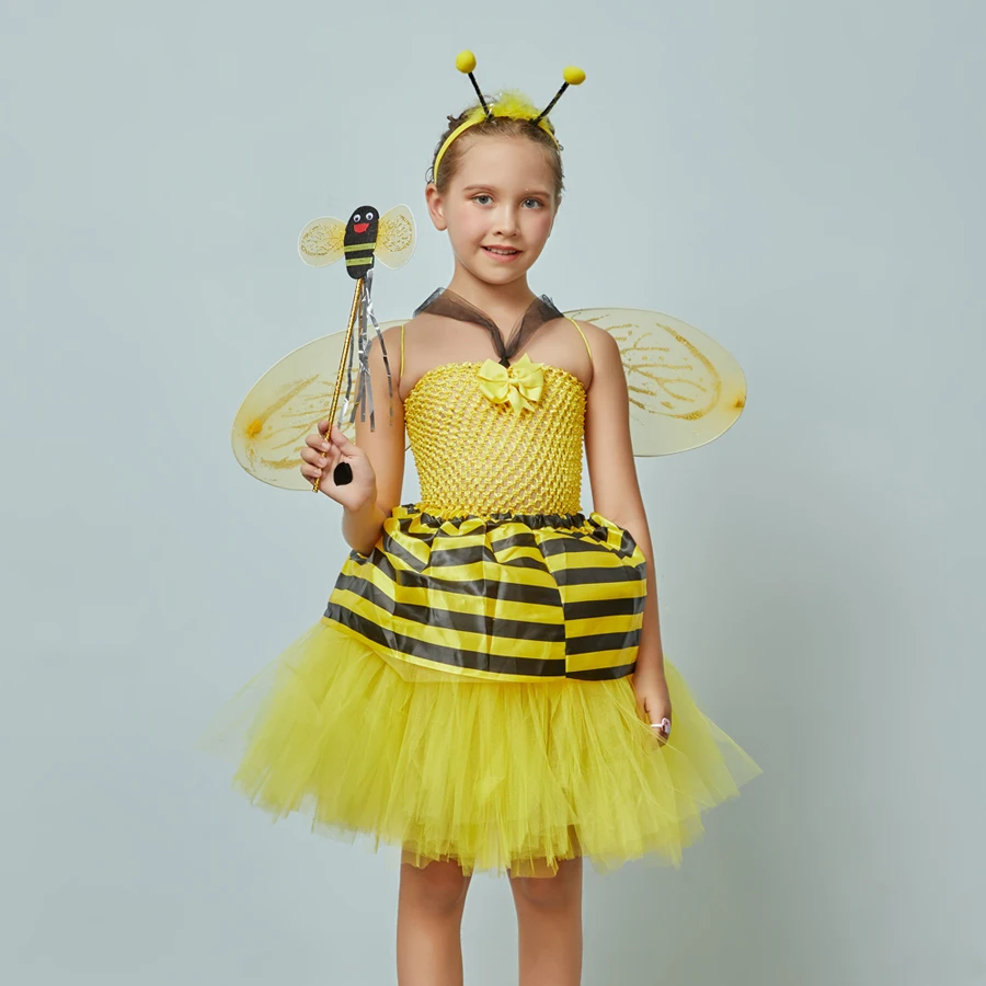 Girls Honey Bumble Bee Fancy Tutu Dress Costume Outfit Kids Fairy Halloween Dress Up Party Insect Animal Clothes Girl Dress (1)
