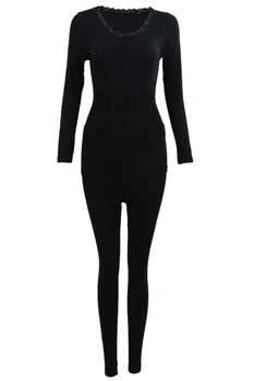 

Women Round Neck Thermal Set Winter Tops&Pants Long Johns Pajama Sets Black