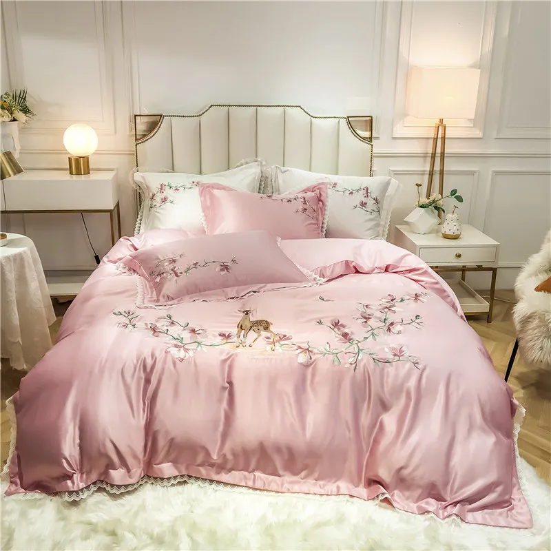Liv-Esthete роскошный набор белых постельных принадлежностей с вышитыми цветами и оленями, набор пододеяльников из шелковистого хлопка, наволочка, двуспальное постельное белье для кровати кинг-сайз - Цвет: 02