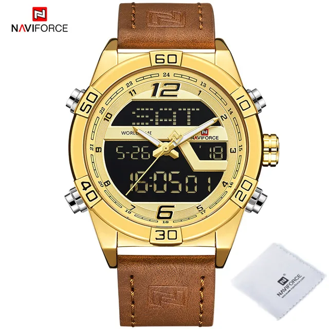 NAVIFORCE Luxury Gold Watches For Men Leather Band Waterproof Digital Alarm Sport WristWatch Man Military Dual Time Quartz Clock GWBN