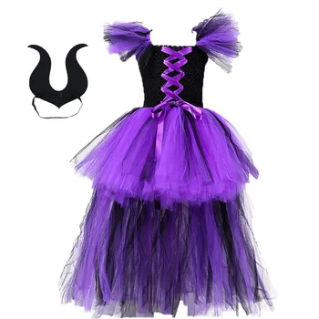 

Halloween Maleficent Sleeping Curse Costume Girls Purple Black Evil Dark Witch Tutu Dresses Kids Holidays Wizard outfit Clothes