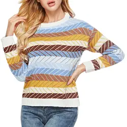 Женские пуловеры, вязаный свитер, женский полосатый вязаный зимний свитер с круглым вырезом и длинными рукавами, свободный свитер 8,16
