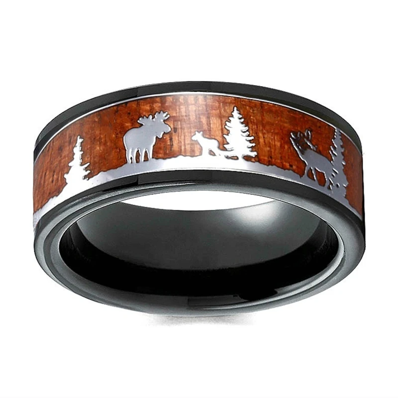FDLK Tungsten Hunting Ring Wedding Band Wood Inlay Deer Stag Silhouette Ring finger ring,tungsten ring,wedding rings,wedding ring,animal ring
