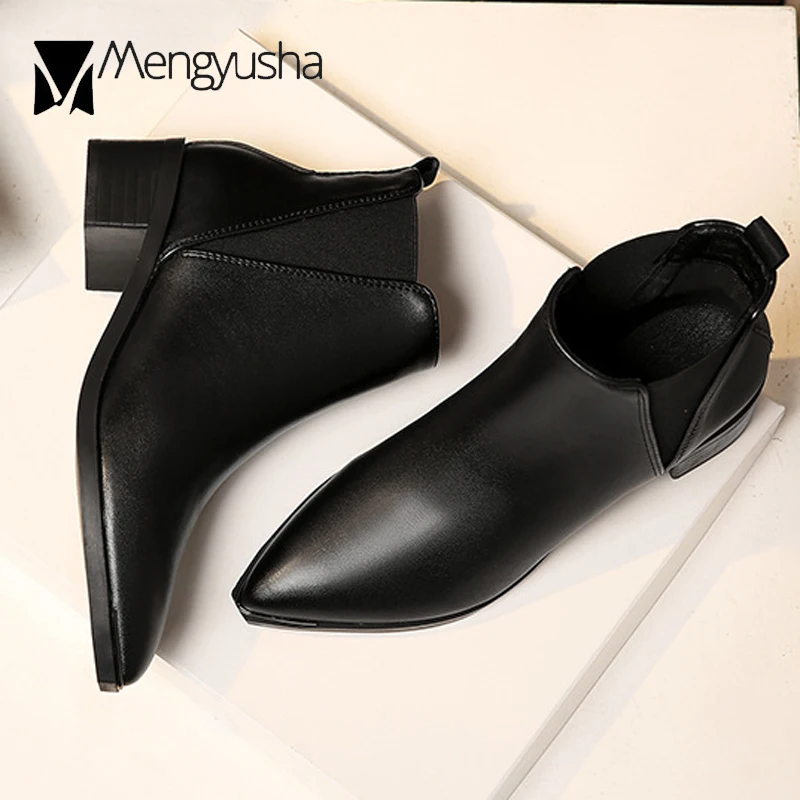 

Pointed Toe Chelsea Boots Woman Short Ankle Botines Solid Leather Martin Botas Women Stretch Snow Motorcycle Booties Winter Shoe