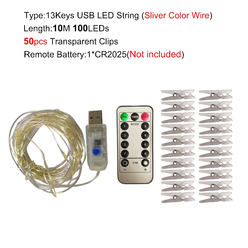 S-Remote 10M 100LED 2 м/5 м/10 м USB светодиодный светильник, наружная гирлянда для фото, Настенный декор, сказочный светильник с зажимами, с цепочкой, на батарейках, Рождественский светильник s - Испускаемый цвет: S-Remote 10M 100LED