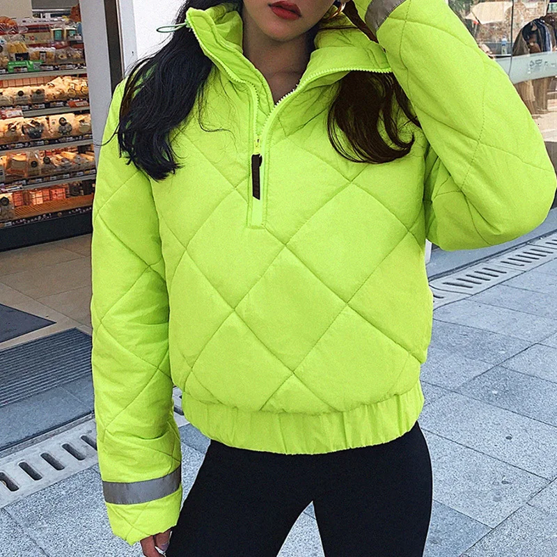 LISALA Женская неоновая зеленая стеганая куртка, пальто для женщин, зима, свободные парки с воротником-черепахой, теплая Мода