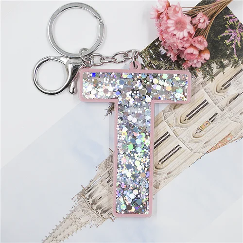 1PC Women Keychains 26 Glitter Pink Hollowed-out Words Handbag English  Letter Keyring with Puffer Ball Charms