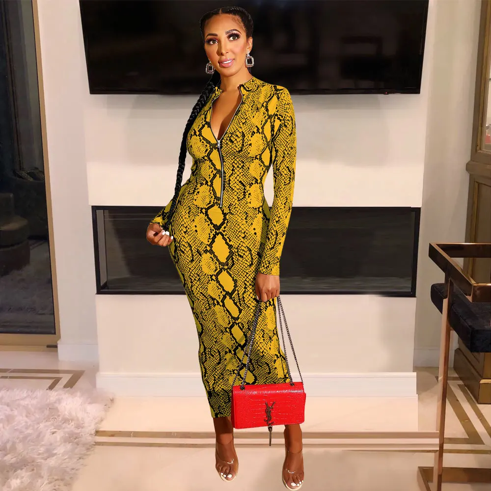 Sexy Snake Print  Autumn Winter Long Sleeve Bodycon Long Dress Evening Party Night Dress Women Vintage Vestidos Outfits Zipper