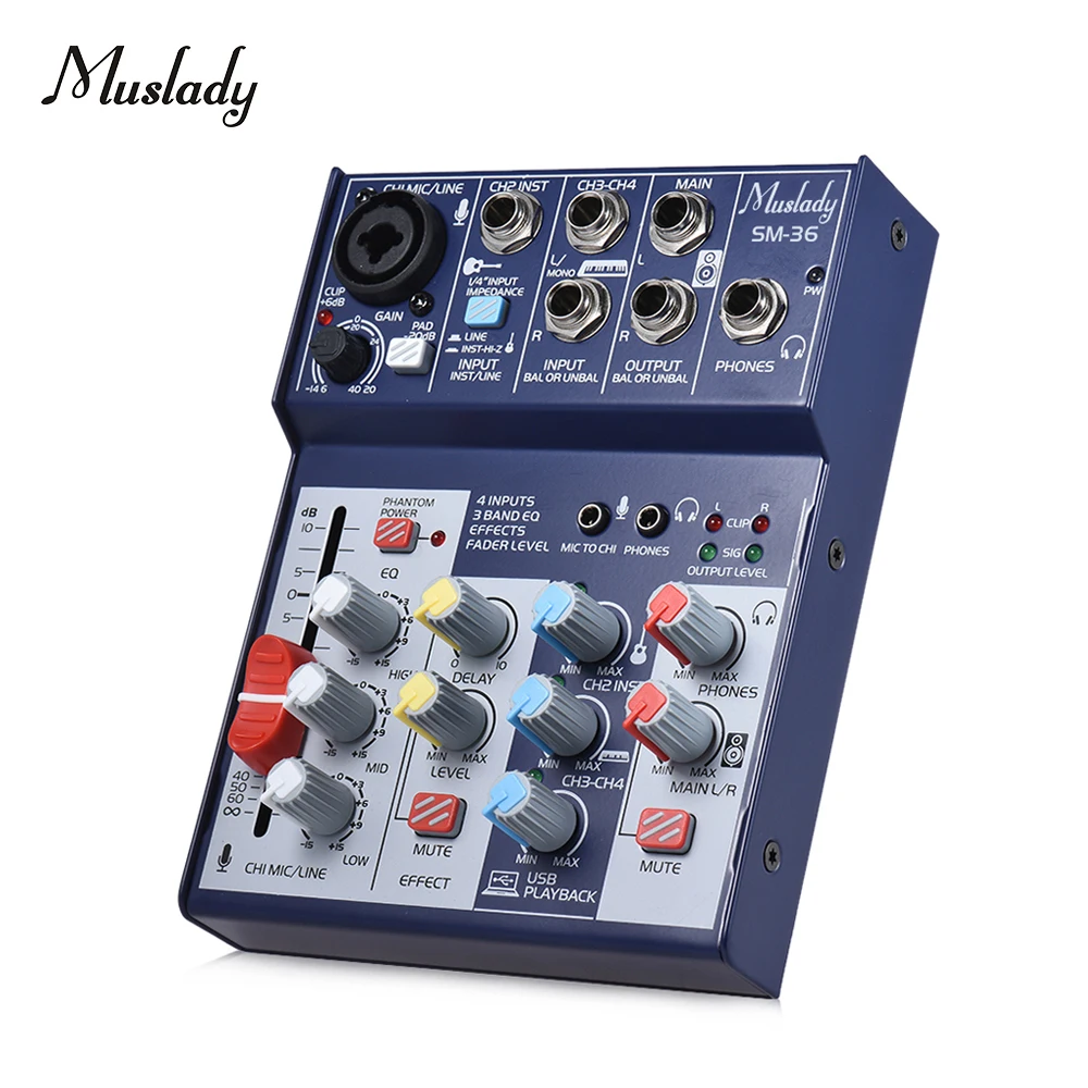 

Muslady SM-36 Compact Size 4-Channel Sound Card Mixing Console Digital Audio Mixer Supports 5V USB Power Supply 3-band EQ