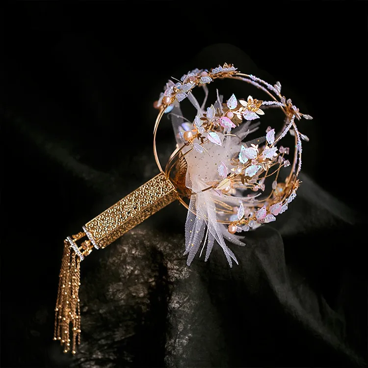 JaneVini, роскошный хрустальный свадебный веер, тростниковый букет, китайский стиль, древние золотые металлические цветы, круглые свадебные аксессуары для букетов