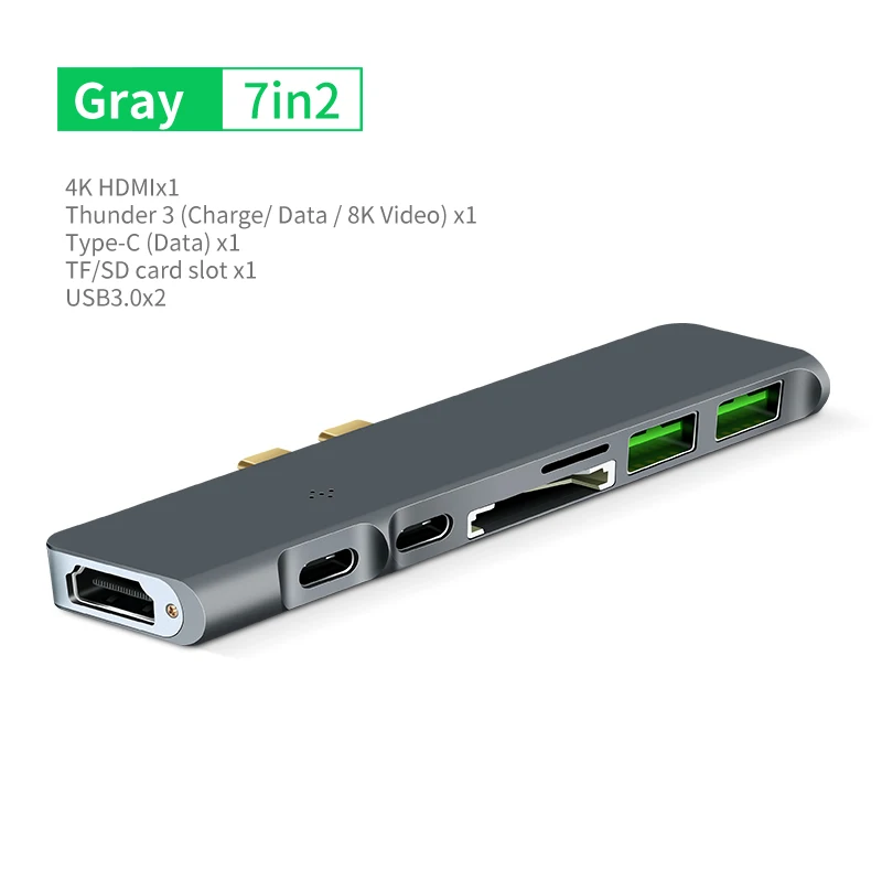 USB C концентратор, 9 в 1 многопортовый концентратор, type C концентратор с HDMI RJ45 USB3.0 PD SD TF 3.5AUX для ноутбука, больше устройств с интерфейсом type C - Цвет: 7in2USB C Hub-gray