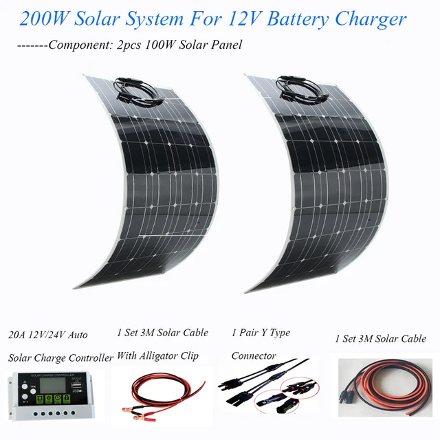 200W الطاقة الشمسية نظام الشمسي كله 2 قطعة 100w مرنة الشمسية لوحة الطاقة كاملة المنزل عدة ل 12v/24v البطارية الشمسية شاحن