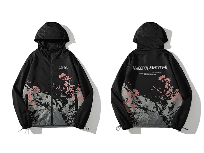 LACIBLE Fuji Mountain Cherry Blossom Print Zipper Jacket Coat 