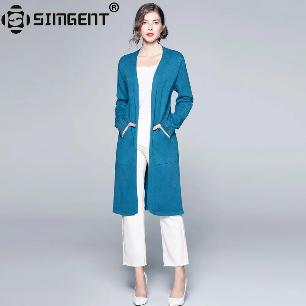 Simgent Cardigan Women Long Sleeve Casual Loose Autumn Pockets Long Knitting Woman Cardigan Sweater Red Blue Maglioni SG99181