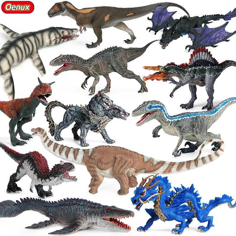 Oenux Original Dinosaur World Tyrannosaurus Indusus Rex Mosasaurus Carnotaurus Blue Action Figures Jurassic Model Pvc Giocattolo Per Bambini