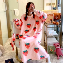 Winter Kawaii Nightgowns Flannel Long Dress Women Sleepwear Thick Big Size Pajama Strawberry Duck Rainbow Homewear Lounge
