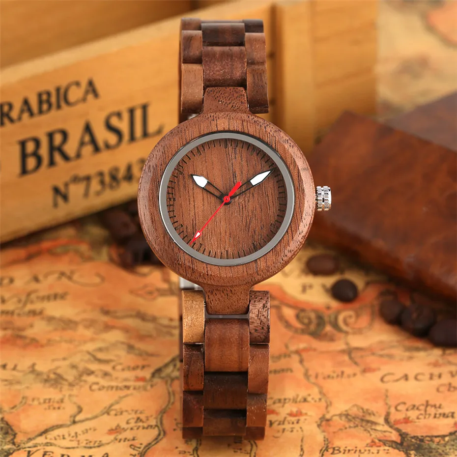 

Women Wood Watch Coffee Brown Wooden Lady Quartz Wristwatch reloj femenino Elegant Simple Female Watches Best Gifts New 2019