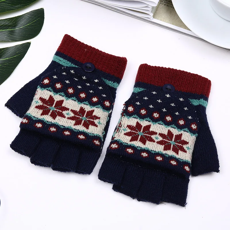 Новые женские зимние перчатки с половинными пальцами, милые теплые перчатки со снежинками, женские вязаные перчатки без пальцев - Цвет: Navy Blue