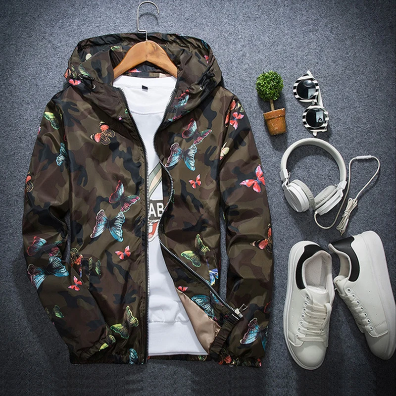 

2019 Men Spring Autumn Jackets Coats Male Casual Camouflage Autumn Butterfly Print Clothes Zipper Hoodie Jacket Windbreaker Men