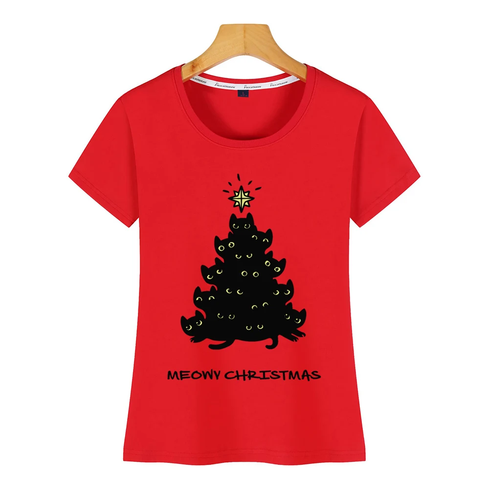 Топы Футболка женская merry meowy Christmas tree cat Kawaii надписи хлопок женская футболка