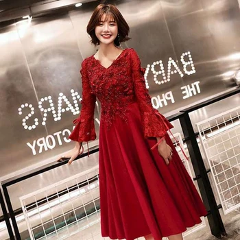 

Lace long toast clothing bride new V-neck was thin back door dress long-sleeved engagement small dress thank you feast costume