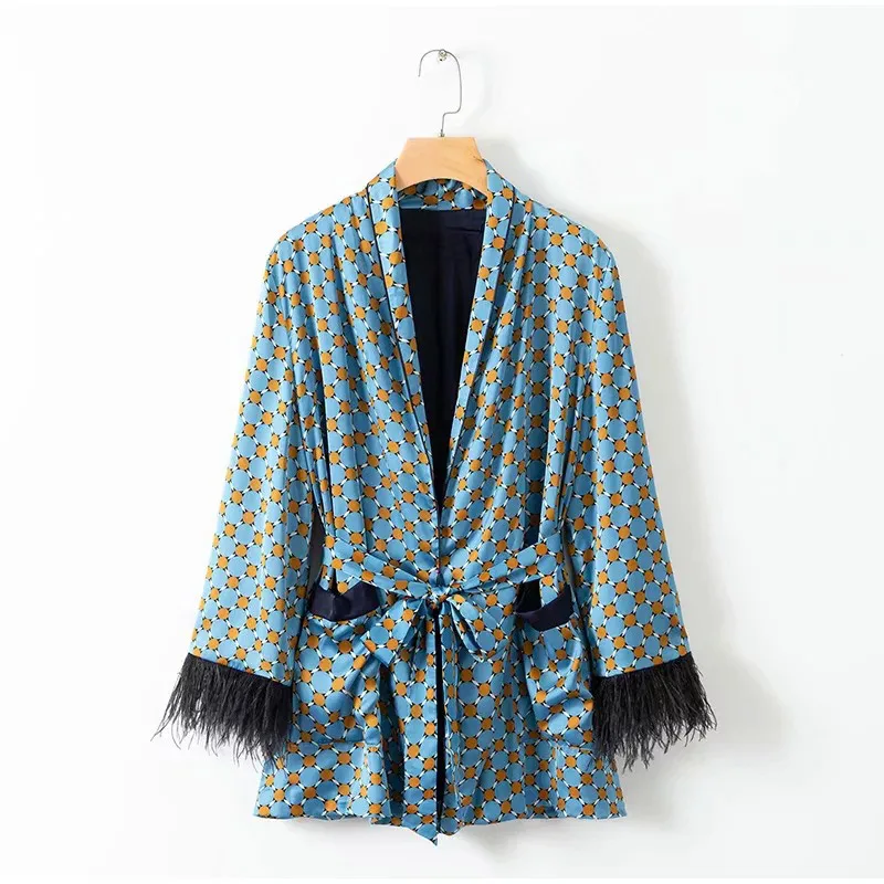 Женские комплекты г. Новое поступление, осенняя куртка-кимоно с принтом и рукавами-перьями, широкие штаны комплект одежды из двух предметов в винтажном стиле