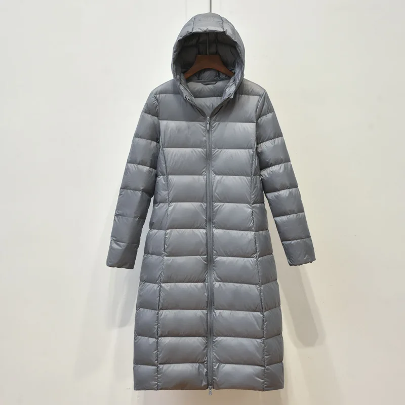 gray down jacket Luzuzi, пуховик, Женское пальто, ультра-тонкий светильник, одноцветное пальто, портативные парки, женский пуховик с капюшоном, длинная куртка, белый утиный пух - Color: gray down jacket