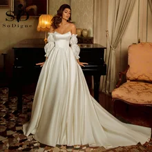 SoDigne Elegant Wedding Dresses 2021 Soft Satin Bridal Gowns Off The Shoulder Wedding Party Dress With Detachable Sleeves