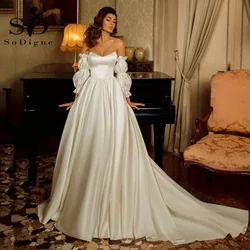 SoDigne Elegant Wedding Dresses 2021 Soft Satin Bridal Gowns Off The Shoulder Wedding Party Dress With Detachable Sleeves